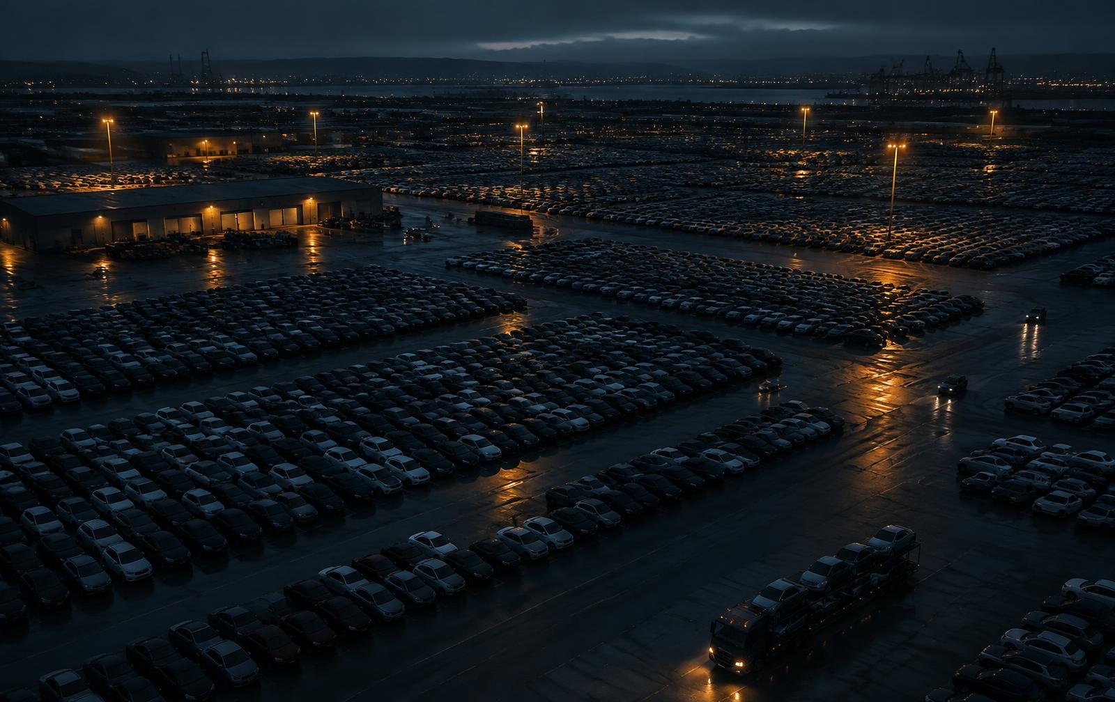 Vista aérea de pátio com centenas de carros para revenda